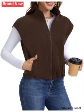 🎄 Sherpa Fleece Full Zip Sleeveless Vest Drawstring Hem Side Pockets Women